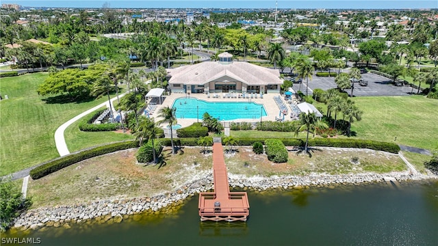 drone / aerial view featuring a water view