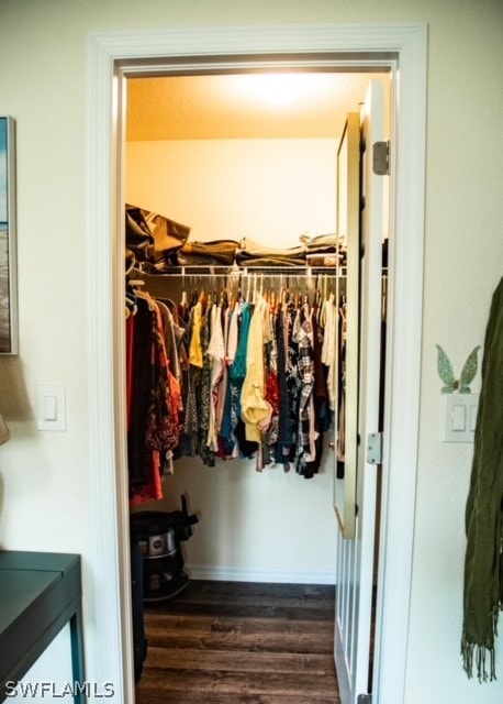 spacious closet with dark hardwood / wood-style flooring