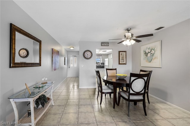 tiled dining room featuring ceiling fan