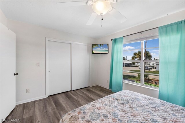 unfurnished bedroom with multiple windows, ceiling fan, a closet, and hardwood / wood-style floors