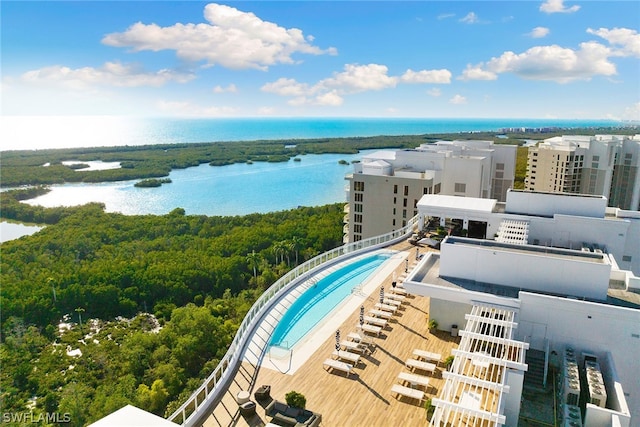 drone / aerial view featuring a water view