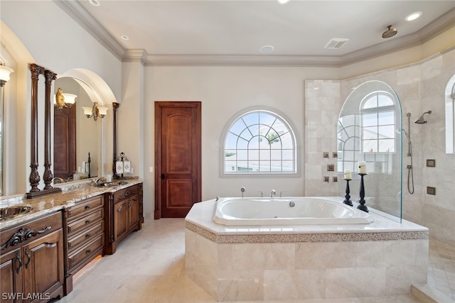 bathroom with tile flooring, ornamental molding, vanity, and plus walk in shower