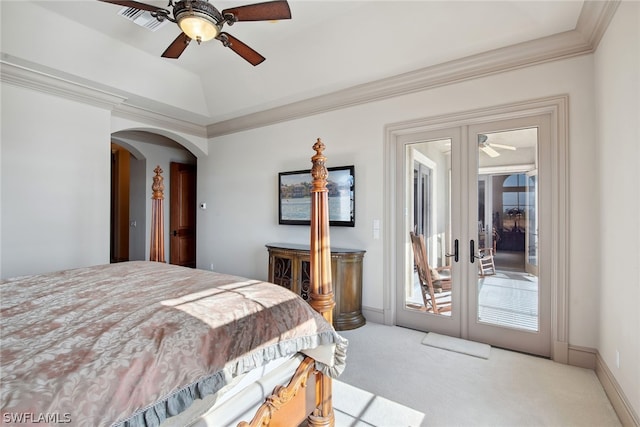 carpeted bedroom with french doors, ceiling fan, access to exterior, and ornamental molding