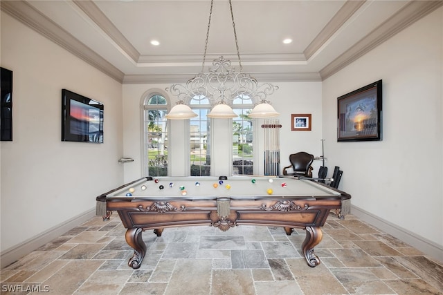 recreation room with ornamental molding, a raised ceiling, and billiards