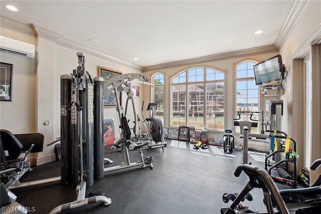 gym featuring crown molding and a wall mounted air conditioner