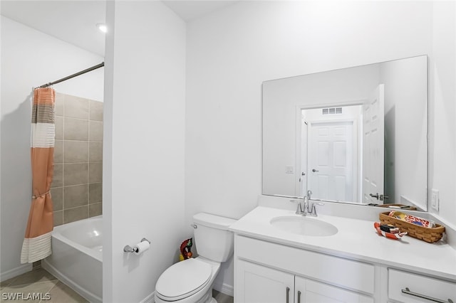 full bath with shower / tub combo with curtain, visible vents, toilet, vanity, and tile patterned flooring