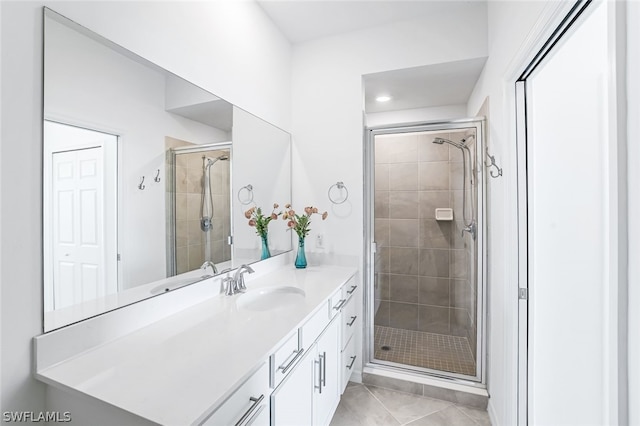 bathroom featuring a stall shower, vanity, and tile patterned floors