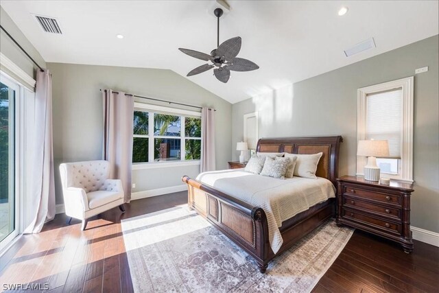 bedroom with ceiling fan, wood-type flooring, lofted ceiling, and access to outside