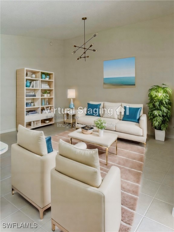 tiled living room with an inviting chandelier