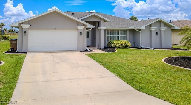 ranch-style home with a garage and a front yard