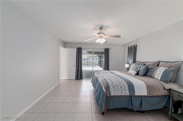 tiled bedroom with access to outside and ceiling fan