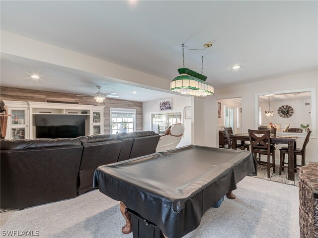 playroom featuring carpet floors, billiards, and recessed lighting