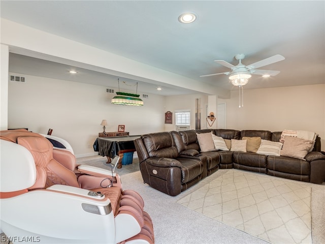 living area featuring light carpet, ceiling fan, visible vents, and recessed lighting