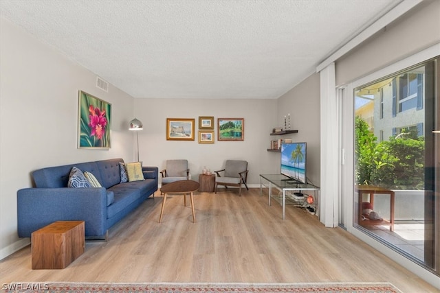 living room with hardwood / wood-style flooring and a textured ceiling