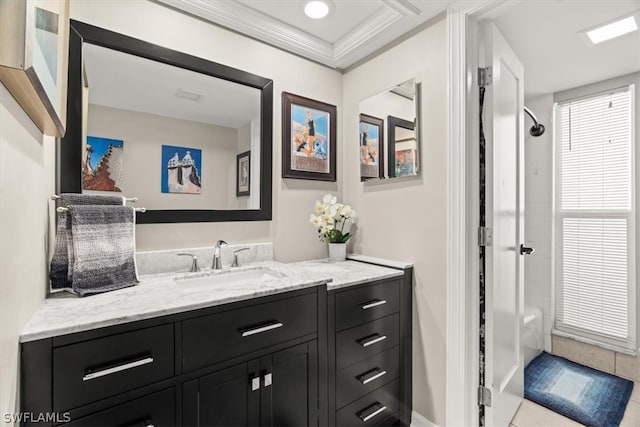 bathroom featuring ornamental molding, shower / bath combination, vanity, and tile floors