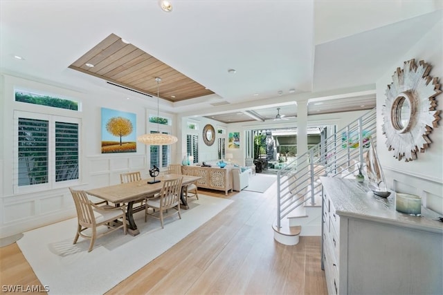 dining room with wood ceiling, light hardwood / wood-style floors, and ceiling fan