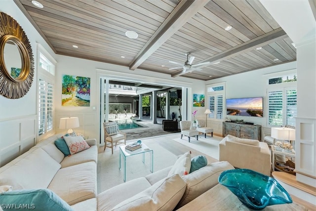 living room featuring wooden ceiling, beam ceiling, and ceiling fan