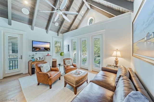 sunroom / solarium featuring wood ceiling, ceiling fan, and vaulted ceiling with beams