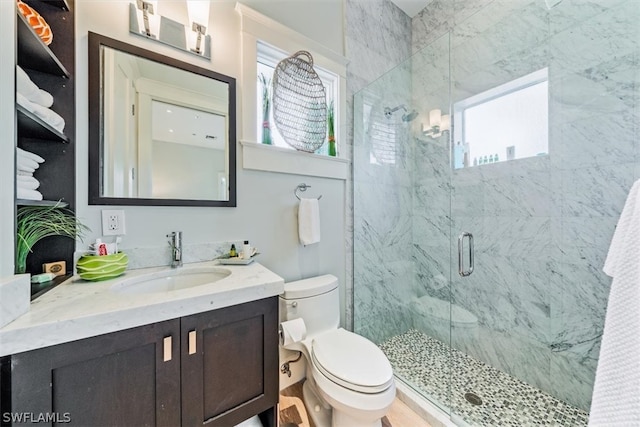 bathroom featuring plenty of natural light, toilet, vanity, and a shower with door