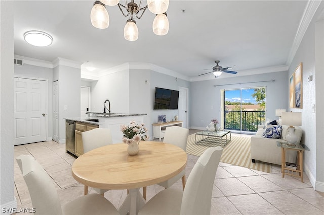 dining area with ceiling fan, light tile flooring, and ornamental molding