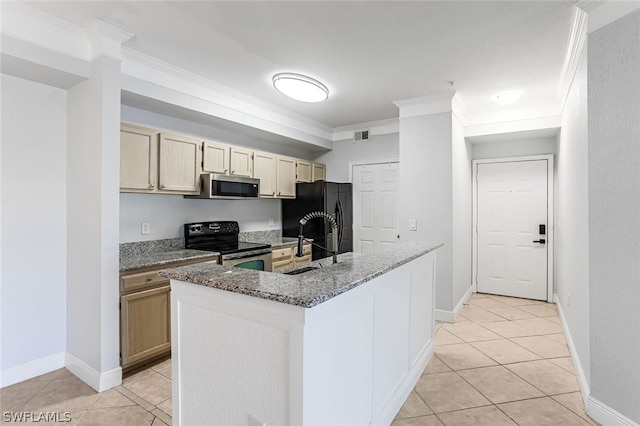 kitchen with ornamental molding, stainless steel appliances, sink, light tile floors, and dark stone countertops