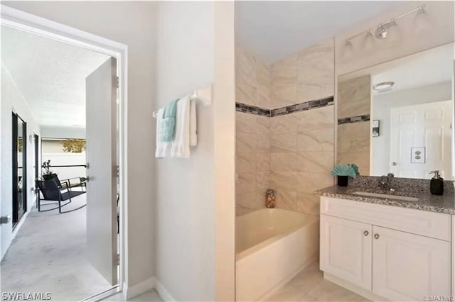 bathroom with concrete flooring, vanity, and independent shower and bath