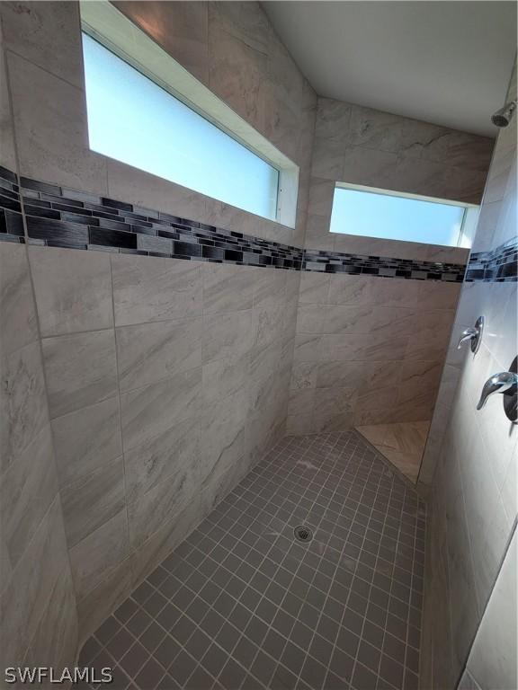 bathroom with a tile shower and a wealth of natural light