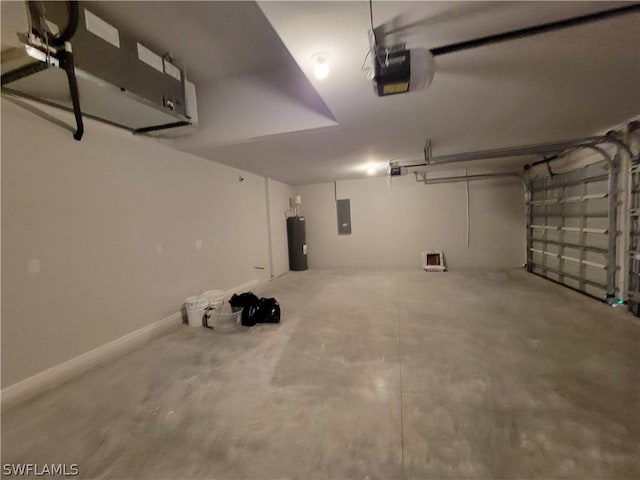 garage featuring a garage door opener, electric water heater, and electric panel