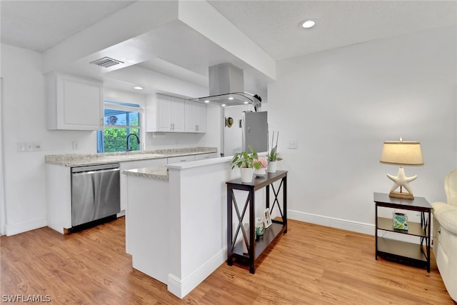 kitchen with light hardwood / wood-style floors, stainless steel dishwasher, white cabinetry, and extractor fan