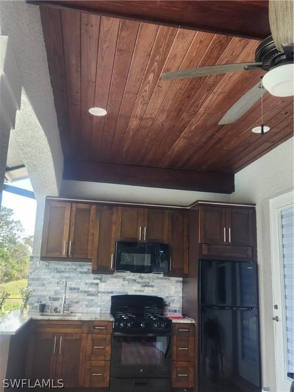 kitchen featuring ceiling fan, sink, backsplash, black appliances, and wood ceiling