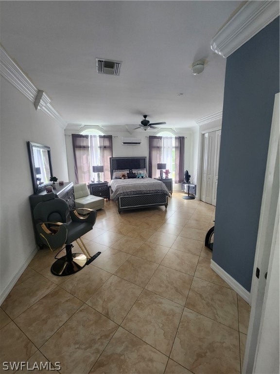 tiled bedroom featuring a wall mounted air conditioner, multiple windows, crown molding, and ceiling fan