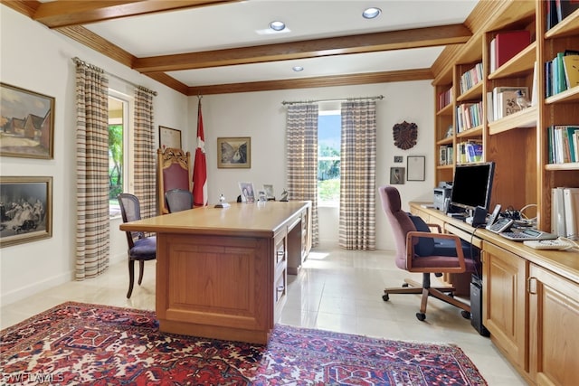 home office featuring beam ceiling