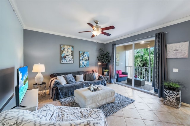 living room featuring ceiling fan, light tile patterned flooring, and ornamental molding