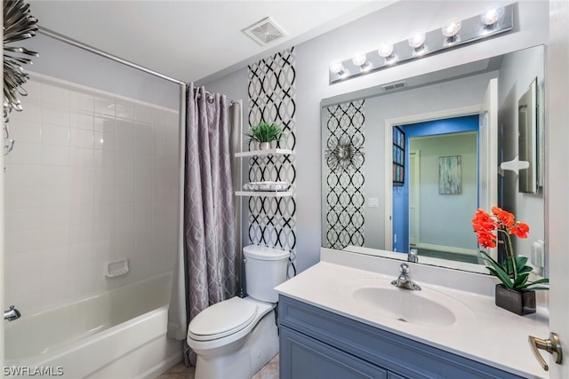 full bathroom featuring vanity, toilet, and shower / bathtub combination with curtain