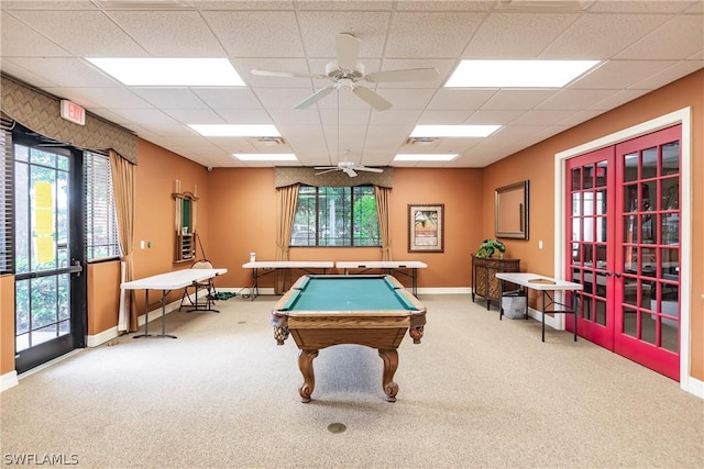 rec room with carpet flooring, a wealth of natural light, ceiling fan, and billiards