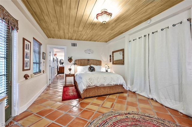 tiled bedroom featuring wooden ceiling and visible vents