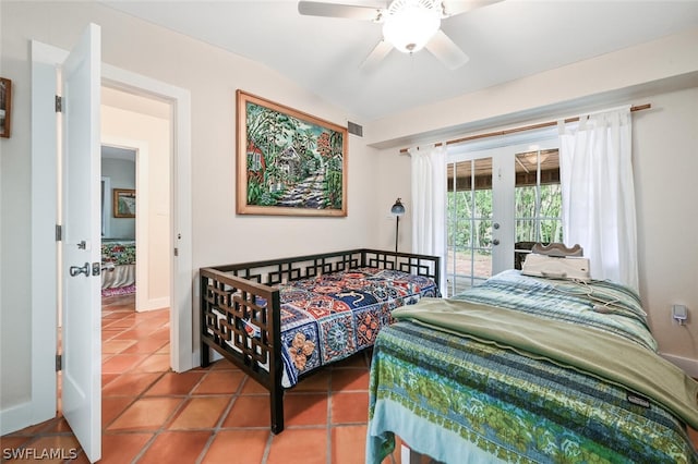 tiled bedroom featuring access to exterior, french doors, visible vents, and a ceiling fan