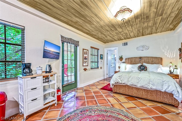 bedroom featuring baseboards, wooden ceiling, visible vents, and tile patterned floors