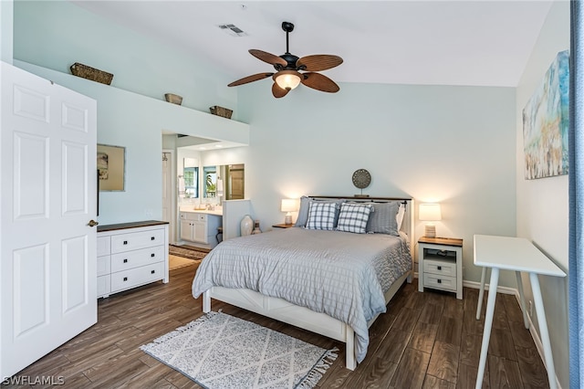 bedroom featuring high vaulted ceiling, ensuite bath, dark hardwood / wood-style floors, and ceiling fan