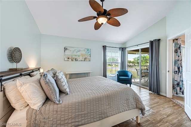 bedroom featuring ceiling fan, light hardwood / wood-style flooring, vaulted ceiling, and access to exterior