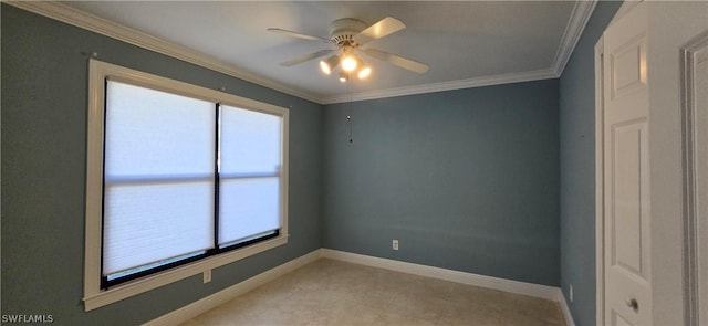 spare room featuring crown molding and ceiling fan