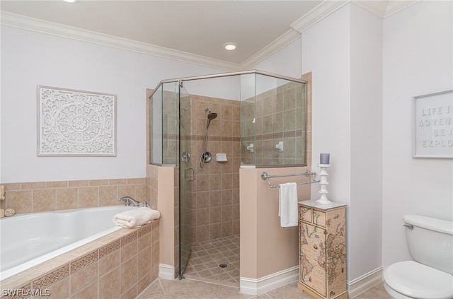 bathroom featuring crown molding, toilet, and plus walk in shower