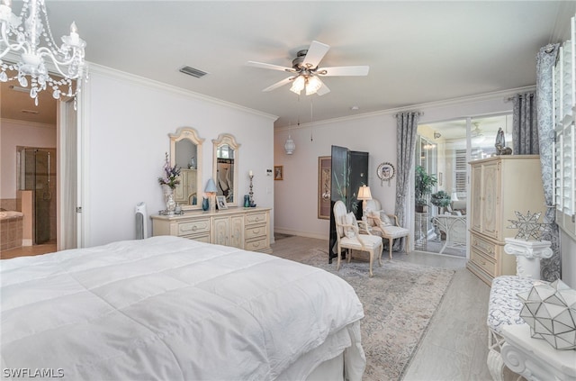 bedroom with ceiling fan with notable chandelier and ornamental molding