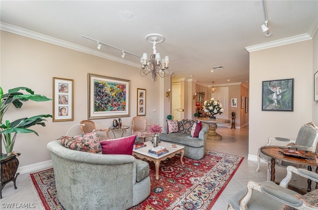 living room with crown molding, track lighting, a chandelier, and light tile floors