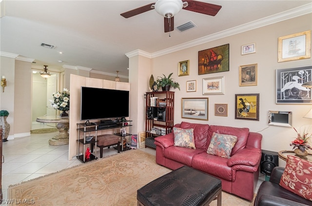 living room featuring ceiling fan, light tile flooring, and ornamental molding