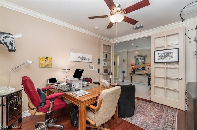 office area with dark hardwood / wood-style floors, ceiling fan, and ornamental molding