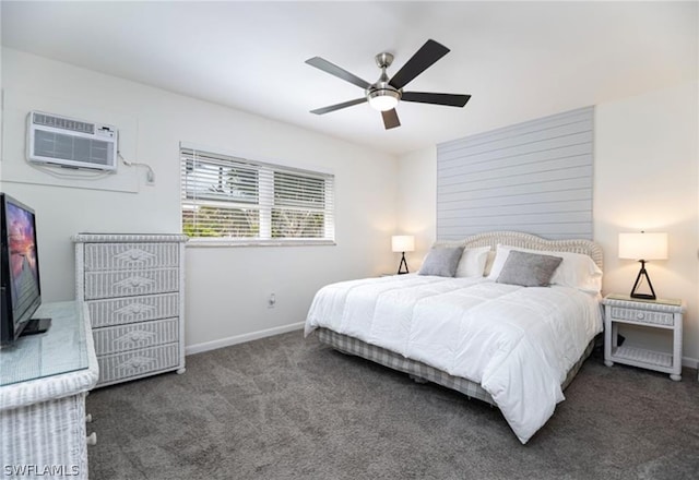 carpeted bedroom with an AC wall unit and ceiling fan