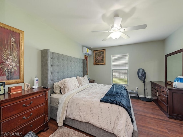 bedroom with ceiling fan, dark hardwood / wood-style floors, and a wall mounted AC