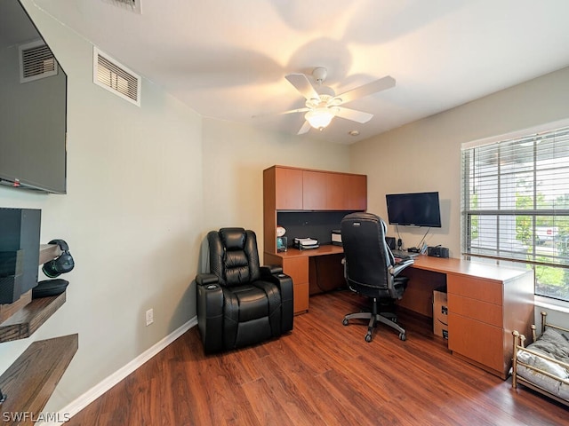 home office with ceiling fan and hardwood / wood-style flooring