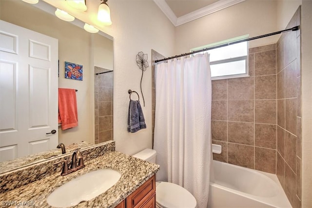 full bathroom featuring shower / bath combination with curtain, ornamental molding, toilet, and vanity